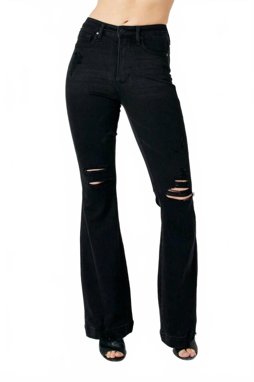 NEW JUDY BLUE high waist tummy control destroy flare jeans - plus in black